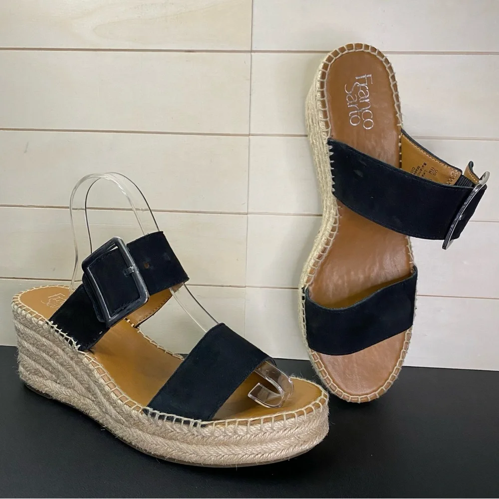 Franco Sarto Black Suede Espadrille Wedge Sandals